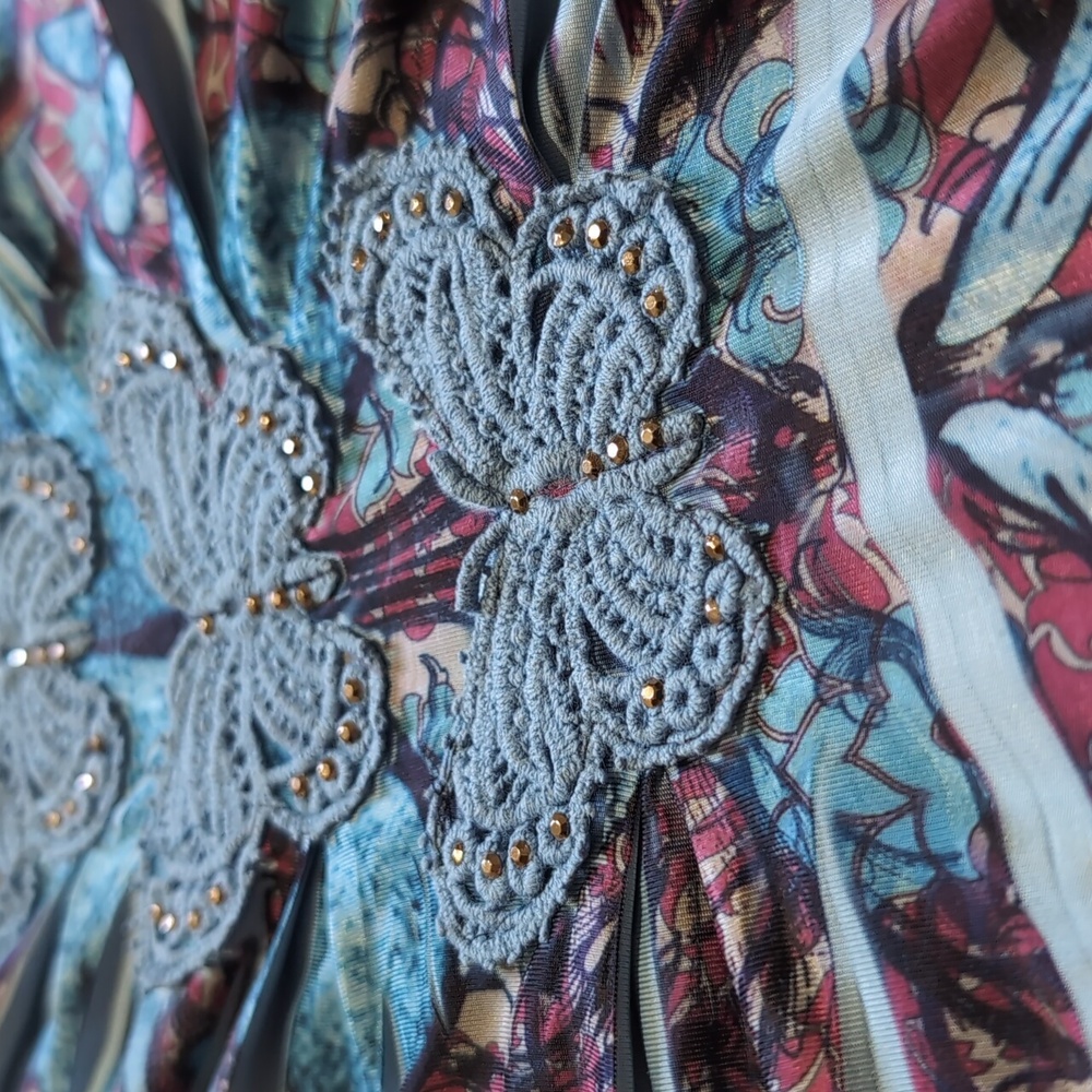 Y2K Oneworld Blue Pink Butterfly Embroidery Flutter Sleeve Fairycore Top Medium - Picture 4 of 13